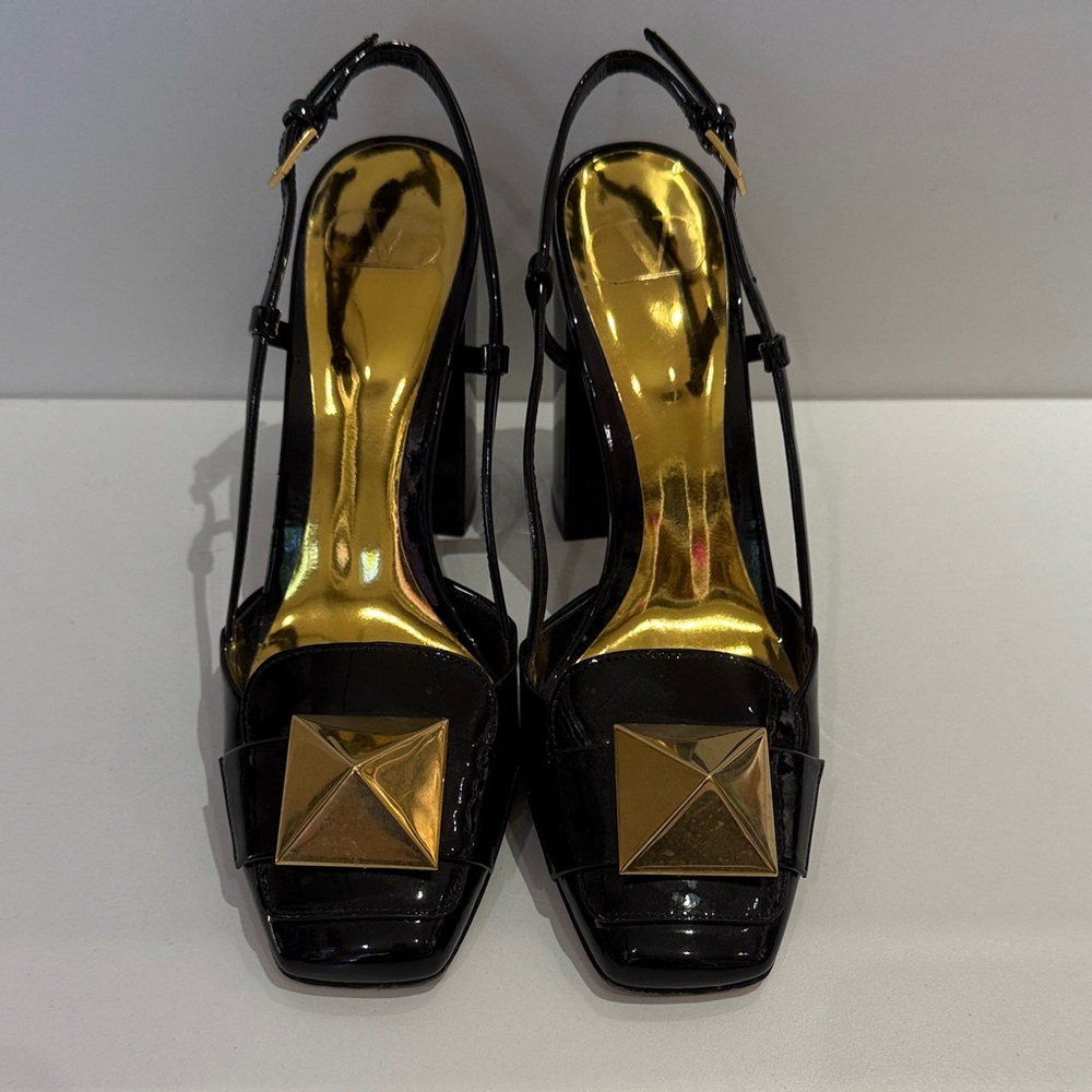 Valentino Garavani Black Patent Leather Slingback Heels with Gold Accents